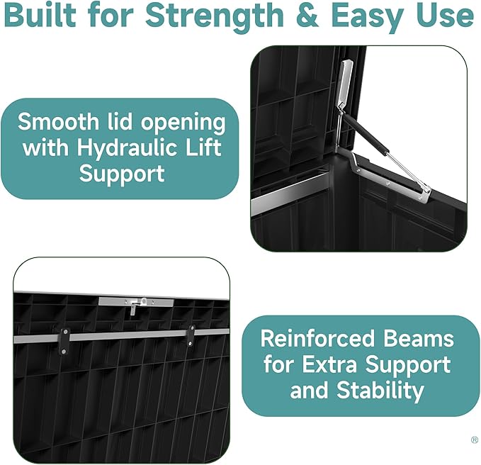 120 Gallon Waterproof Outdoor Storage Box, UV Resistant Resin Deck Box with Hydraulic Rod for Reinforced Stability, Perfect for Patio, Garden, and Pool, Striped Black