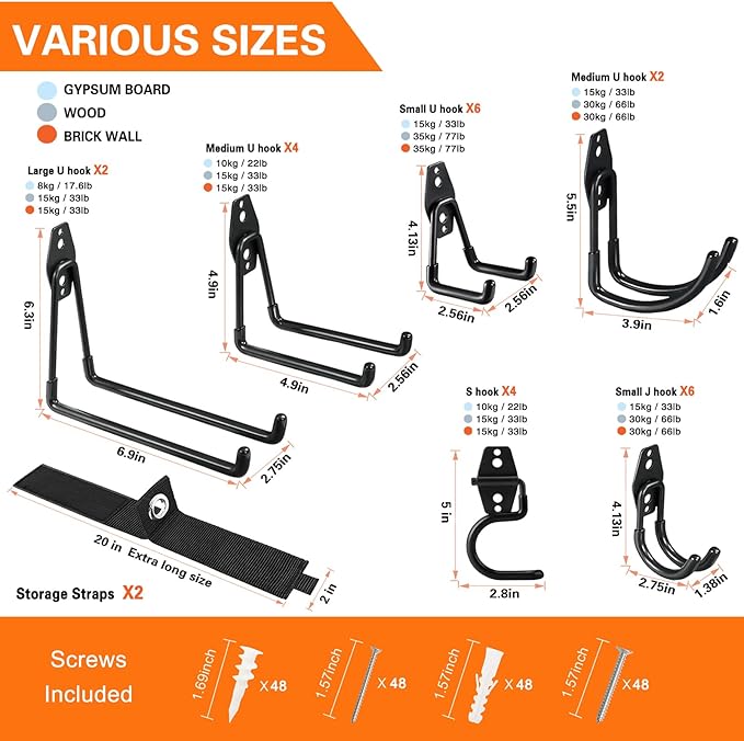 26 Pack Garage Hooks Heavy Duty Utility Steel with Anti-Slip Coating Wall Mount Storage Organizer for Hanging Power and Garden Tools, Ladders, Hose, Bikes, Ropes, Bulk Items, and More