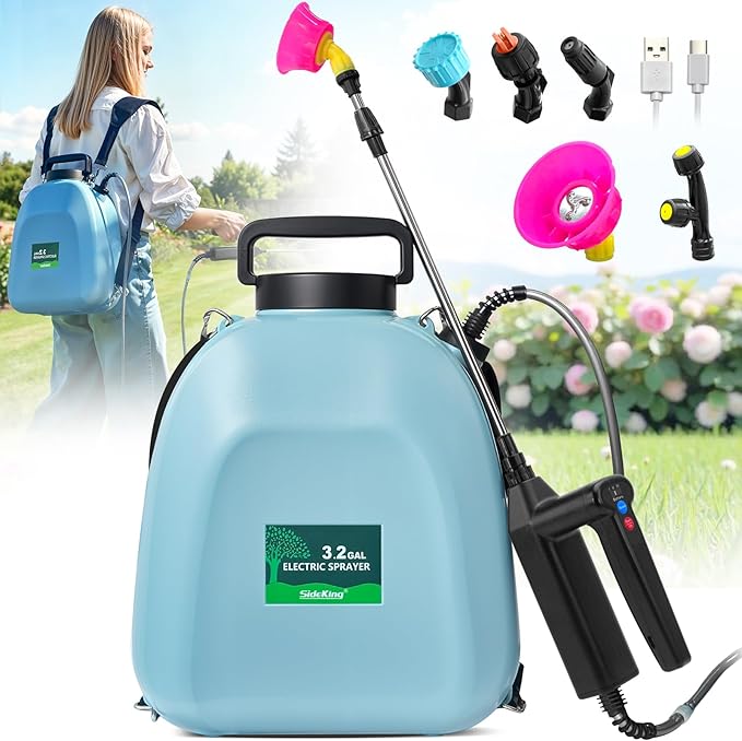 3.2 Gallon Battery Powered Backpack Sprayer, Upgraded Electric Back Pack Sprayer with 3 Spray Speed, Battery Indicator, Rechargeable Handle, 41" Telescopic Wand, 5 Mist Nozzles, for Lawn and Garden
