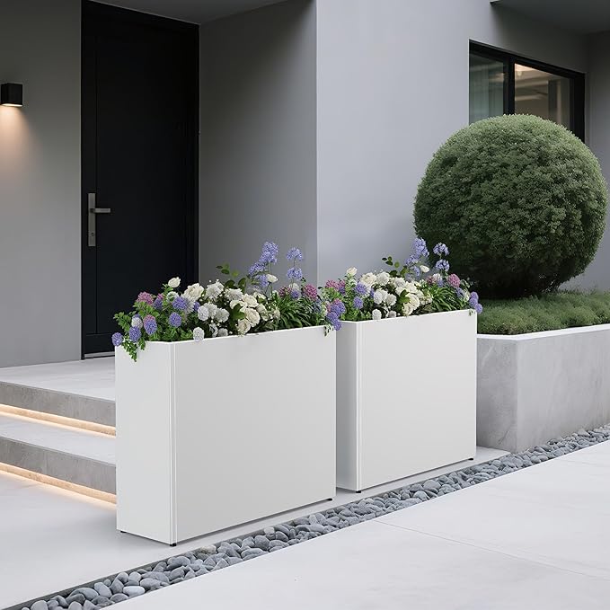 Tall Metal Planter for Outdoor Plants,30" Lx10“Wx24”H All-Weather Durable Plant Box,Large Rectangular Planter with Drainage Holes & Removable Shelf,Modern Decor for Tall Small Plants, Trees, Flowers