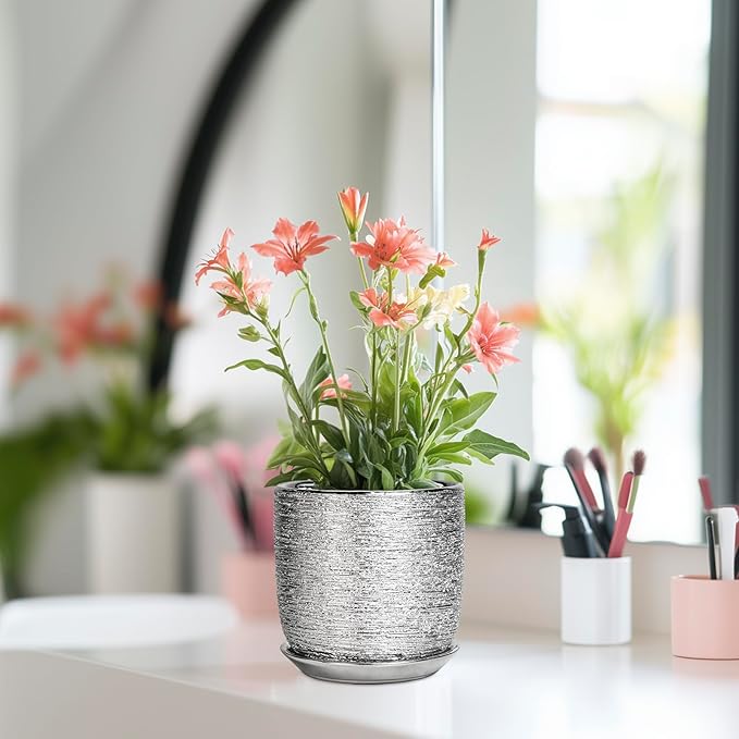 Ceramic Plant Pot 5 Inch - Indoor Planter with Drainage Hole and Saucer, Round Modern Flower Pot for Succulent Plants, Housewarming Gifts, Office Home Desk Decor, Silver