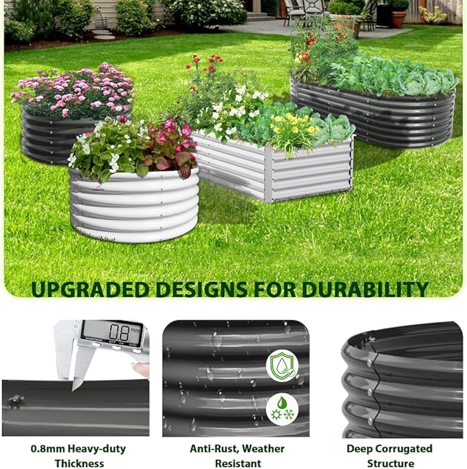 A ANLEOLIFE 8 Pcs 8X4X1.5 ft Oval Large Galvanized Raised Garden Beds Outdoor for Planting Vegetables Flowers Herb, Quartz Grey
