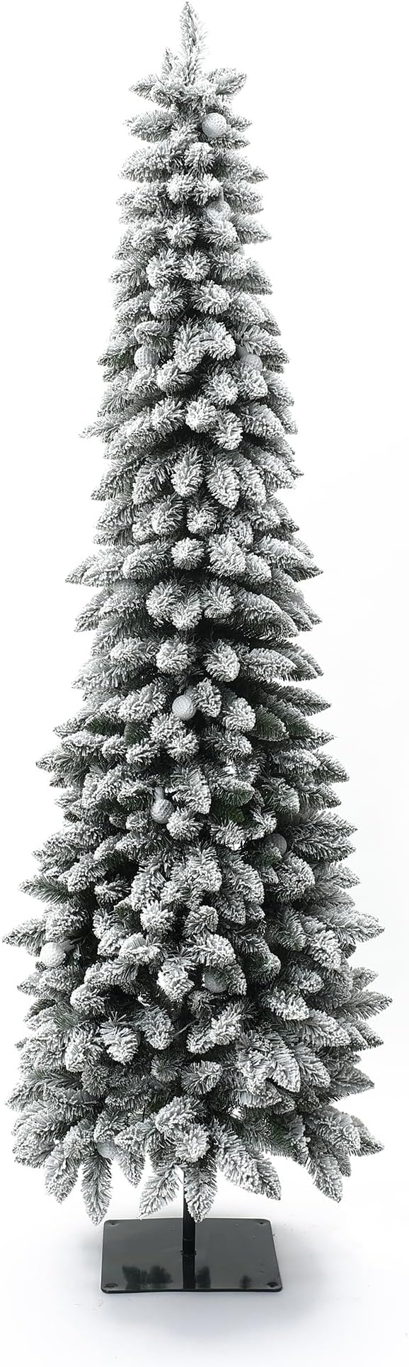 LuxenHome 7FT Flocked Christmas Tree, Slim Pencil Christmas Tree Pre-lit with 200 Warm White LED Globe Lights, Lighted Artificial Christmas Trees with Stand for Indoor, Outdoor Holiday Decorations