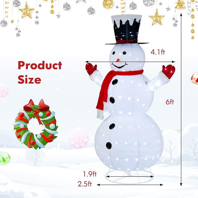 Tangkula 6 FT Lighted Christmas Snowman, Outdoor Pop-up Snowman Figure w/200 Lights, Red Scarf, Black Hat, Ground Stakes, Zip Ties, Collapsible Faux Light up Snowman for Party, Festival Decor