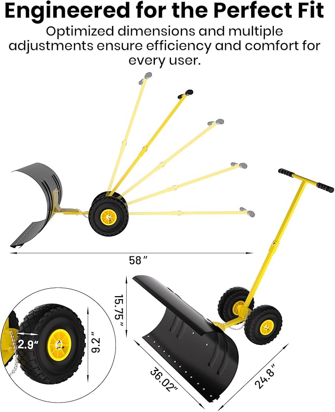 36" Snow Pusher Shovel with Wheels, Adjustable Ergonomic T-Handle Snow Plow for Driveway, Heavy Duty Wheeled Rolling Shovels for Driveway and Sidewalks with Angeled Blade