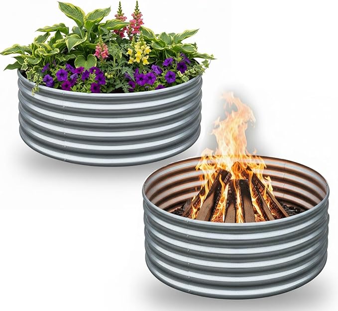 FORTUNO High Round Galvanized Raised Garden Bed Kit, Fire Pit Ring Dia 3 x H 1.5Ft (2 Pack) Metal Outdoor Flower Bed Steel Patio Ground Planter for Planting Vegetables and Herb, Silver