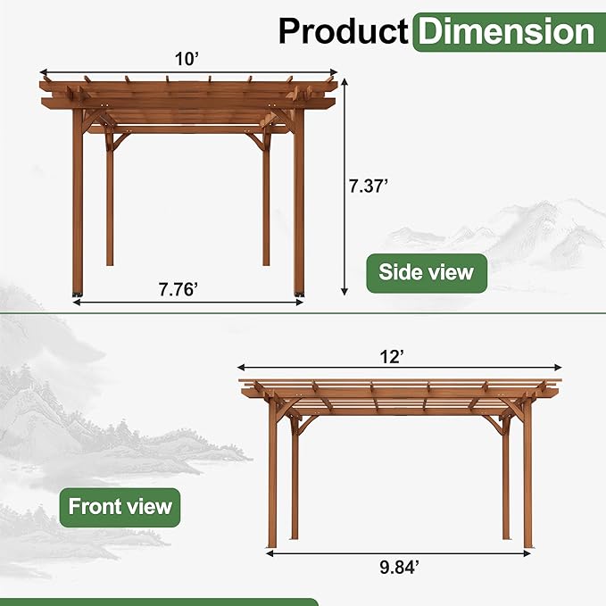 12' x 10' Outdoor Wood Pergola, Wooden Patio Pergola Gazebo Sunshade for Climbing Plant Support, Garden, Patio, Backyard, Deck, Brown