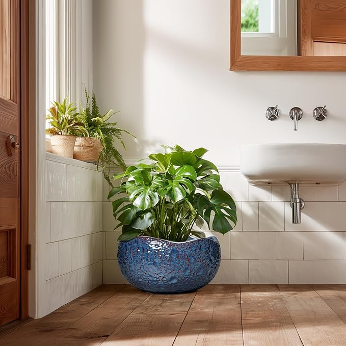 Bonsai Pots - 13 Inch Large Ceramic Planter for Indoor Outdoor, Round Decorative Plant Pots with Drainage Hole, Modern Unique Flower Pots, Patio Decor, Housewarming Gifts, Retro Blue