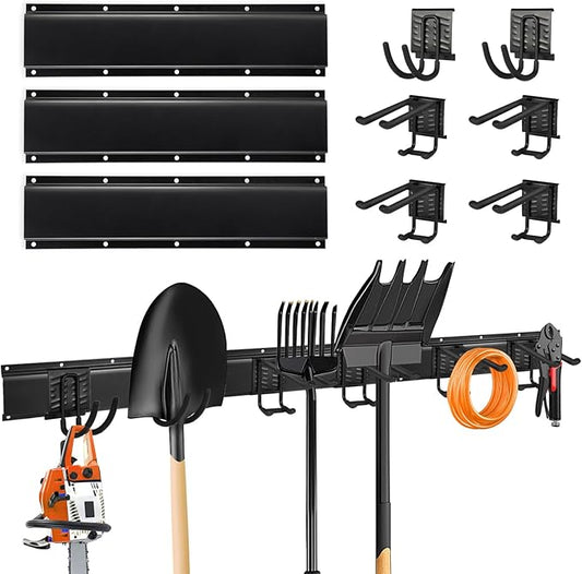 Garage Tool Organizer Wall Mount, Heavy Duty Garage Organization Tool Storage Utility Rack, Sturdy Storage Rack Hanger with Adjustable Hooks, Garden Tool Organizer for Shovel, Rake, Folding Chair