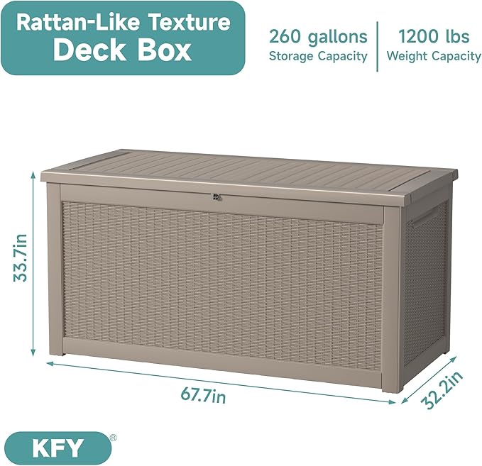 260 Gallon Waterproof Outdoor Storage Box, UV Resistant Resin Deck Box with Hydraulic Rod for Reinforced Stability, Perfect for Patio, Garden, and Pool, Grey