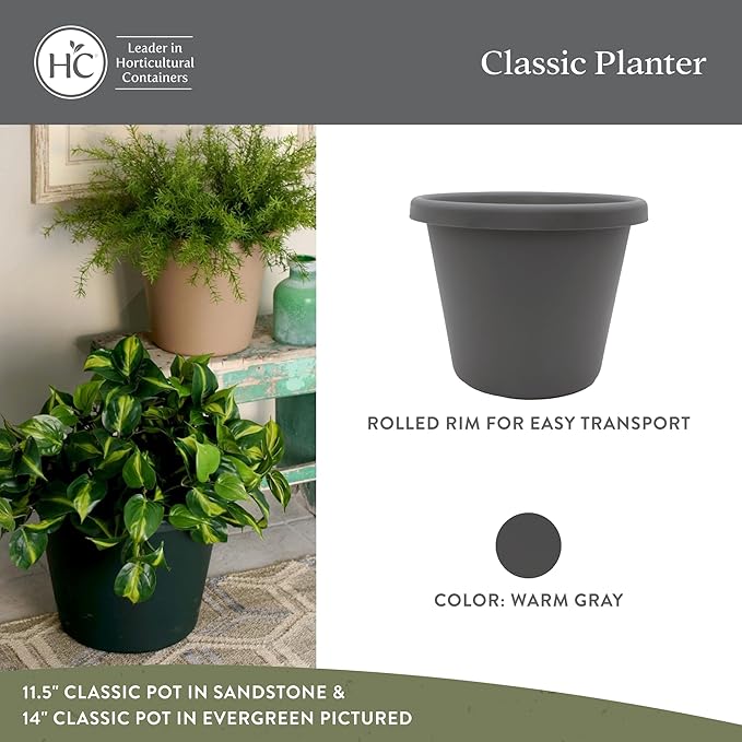 The HC Companies Classic Round Plastic Plant Pot w/Rolled Rim - Lightweight & UV Resistant Flower Pot for Herbs & More - Outdoor & Indoor Plant Pots w/Drainage (15.5 inch Warm Gray, Pack of 1)