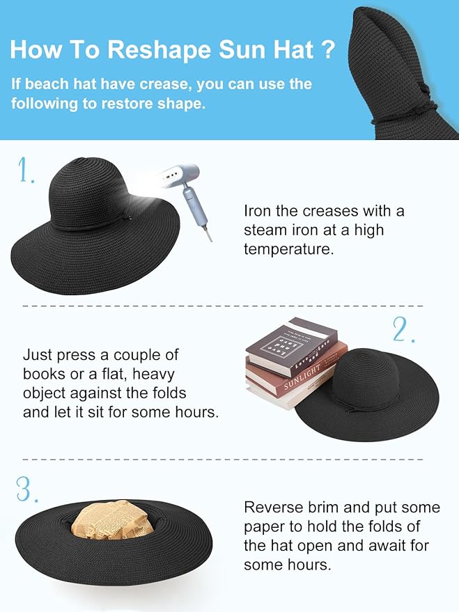Senker Fashion Sun Hats for Women, Wind Lanyard Wide Brim Straw Hat for Summer Beach Garden Vacation Foldable UPF 50+