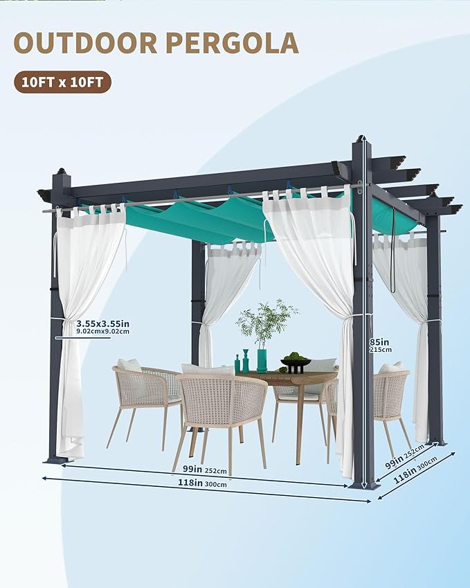 Garvee 10x10 Ft Outdoor Pergola with Retractable Canopy & Side Mesh Screen Gray Post Patio Gazebo for Garden Backyard Deck Lawns Porch(Blue+White)