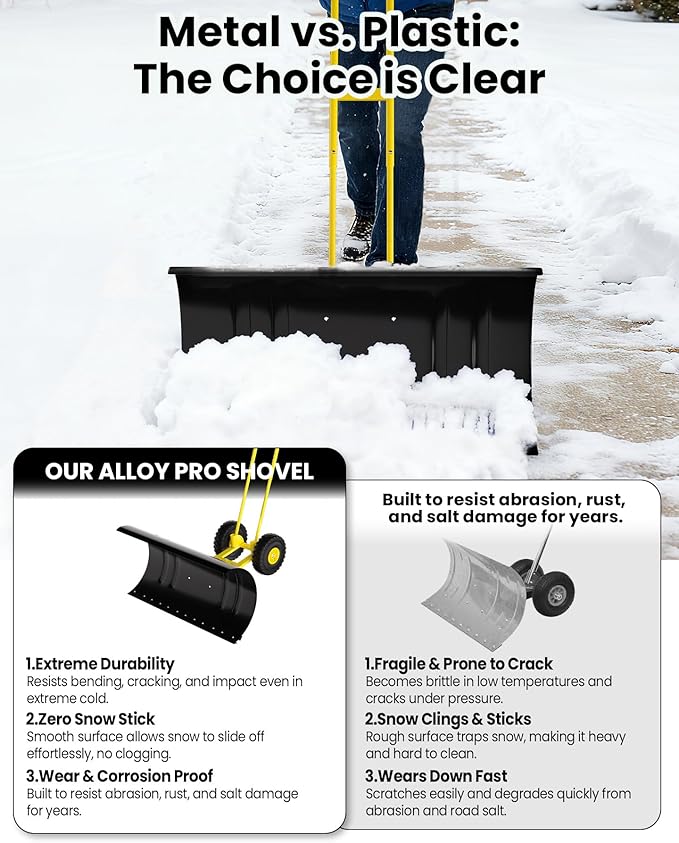 36" Snow Pusher Shovel with Wheels, Adjustable Ergonomic T-Handle Snow Plow for Driveway, Heavy Duty Wheeled Rolling Shovels for Driveway and Sidewalks with Angeled Blade
