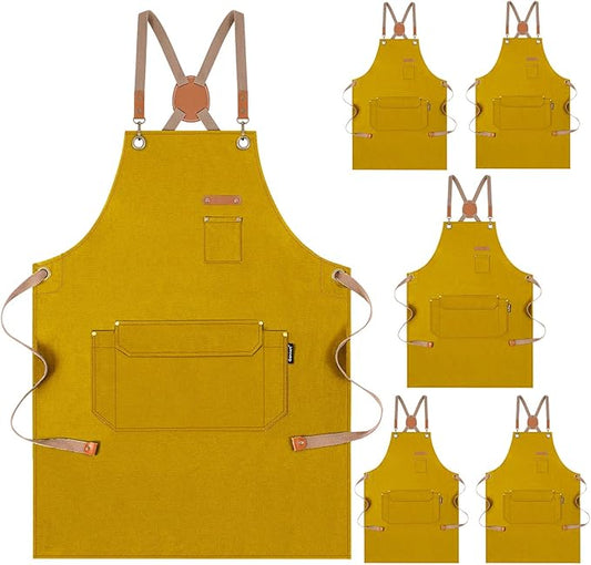 Genixart Chef Apron for Men Women with Pockets, Canvas Aprons for Kitchen Cooking, Artist Painting, Work Apron for Server (Yellow, 6 Pack)