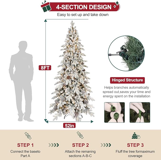 8 FT Pre-Lit Snow Flocked Slim Fir Christmas Tree with 1634 PE & PVC Mixed Branch Tips,Artificial Skinny Pencil Xmas Tree with 1000 Warm-White Lights & 44 Pine Cones,Hinged Pine Tree with Metal Stand