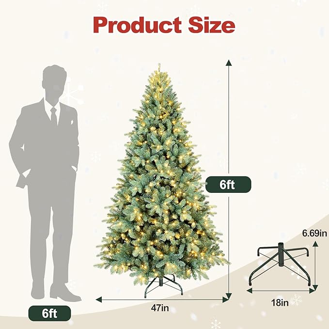 6 Ft Pre-Lit Artificial Christmas Tree, w/ 350 LED Warm Lights, 1390 PE&PVC Mixed Branch Tips, Faux Xmas Tree for Home, Office, Party Decoration, Easy Assembly, Metal Hinges & Foldable Base