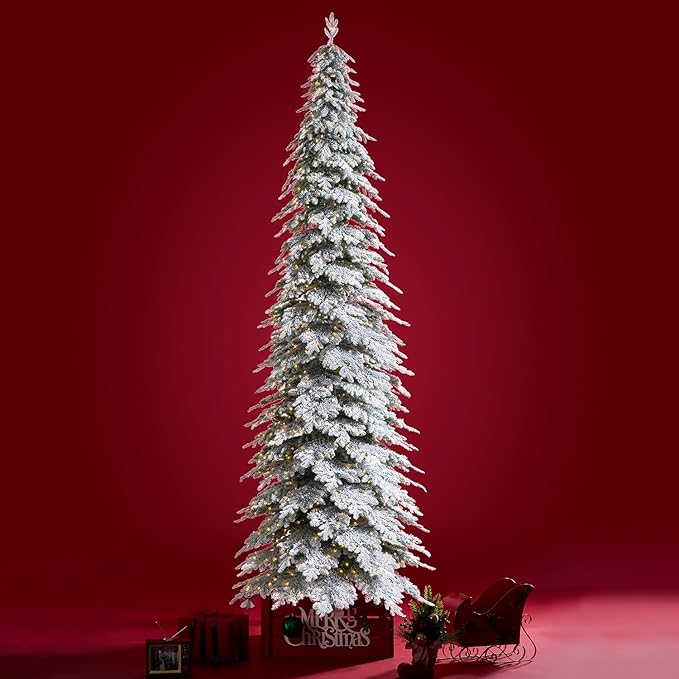 Glitzhome 15ft Prelit Christmas Tree, Artificial Christmas Tree with 1400 Warm White Lights, Flocked Pencil Tree Chicago Frostwood Spruce w/4335 PE&PVC Branch Tips and Sturdy Metal Stand, Simple Setup