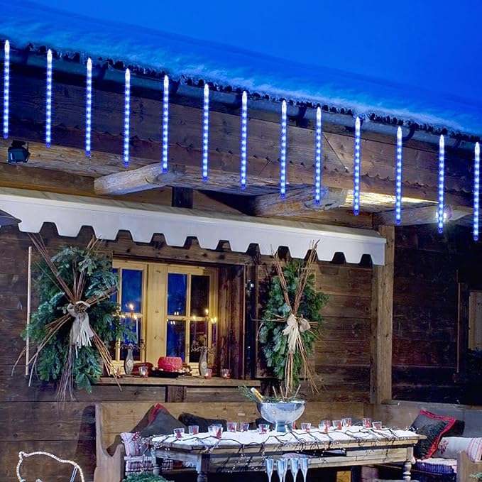 24 Tubes Meteor Shower Lights, Outdoor Icicles Christmas Decor, 12 Inch 864 LED Snow Falling Connectable Raindrop Lights, Xmas Wedding Party Tree Holiday Decoration, Blue