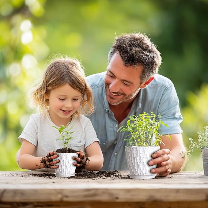 7/6.5/6/5.5/5/4.5/4 inch Plant Pots for Indoor Outdoor Plants, 7 Pack Thick Flower Pots with Drainage Holes and Saucers, Modern Wave Texture Plastic Planters Nursery Pots, Speckled White