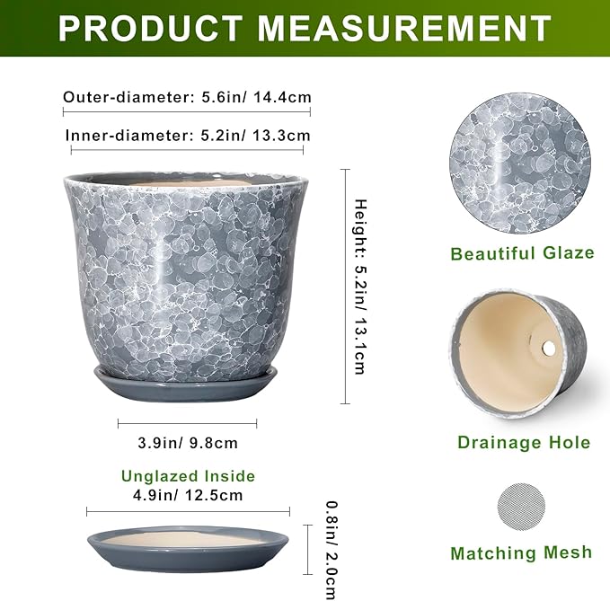 Ceramic Planter - 6 Inch Plant Pot for Indoor Outdoor, Small Plant Pots with Drainage Hole and Saucer, Modern Round Planter, Succulent Orchid Pot, Home Room Decor, Birthday Gifts, Grey