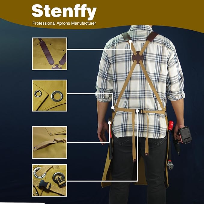 Woodworking Apron, Tool Apron, Canvas, Multiple Pockets, Adjustable Zipper, Metal Ring, Tape Measure Clip, Plus Size, Khaki.