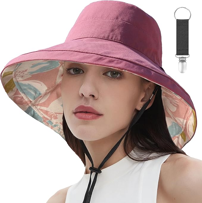 vidsel Womens Sun Hats Wide Brim Reversible Bucket Cotton Hat Packable Summer Travel Cap with Hat Clip,UV Protection