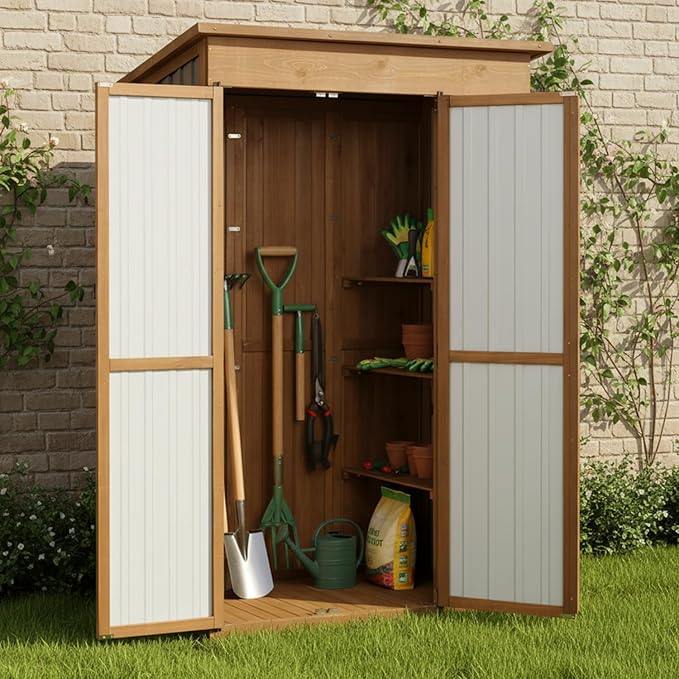 51" L Outdoor Storage Cabinet Waterproof with Shelves, Outside Storage Shed Backyard Tall Cabinet with Fold-Out Table for Patio, Garage, Garden, Pool Accessories Storage