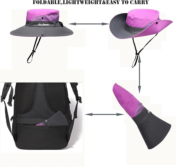 Womens Summer Sun Hat Beach Hat Wide Brim Outdoor UV Protection Hat Foldable Cool Mesh Ponytail Bucket Hat