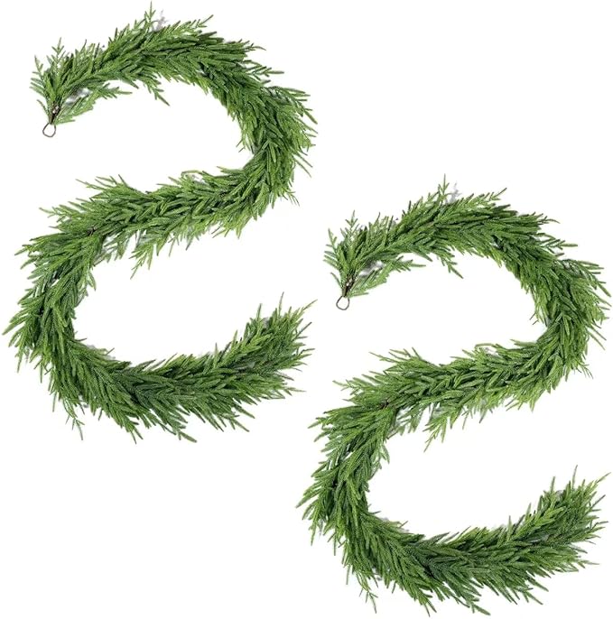 WBHome 2 PCS Real Touch Norfolk Pine Christmas Garland, Winter Greenery Garland for Christmas, Holiday Seasonal Outdoor/Indoor Home Decor, 9FT Long