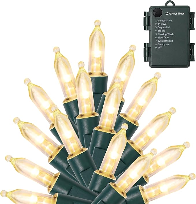 WATERGLIDE 50 LED Outdoor Christmas Lights, 16 FT Battery Operated Mini String Lights with 8 Modes & Timer, Xmas Tree Lights Waterproof for Patio Garden Party Wedding Holiday Decor, Warm White