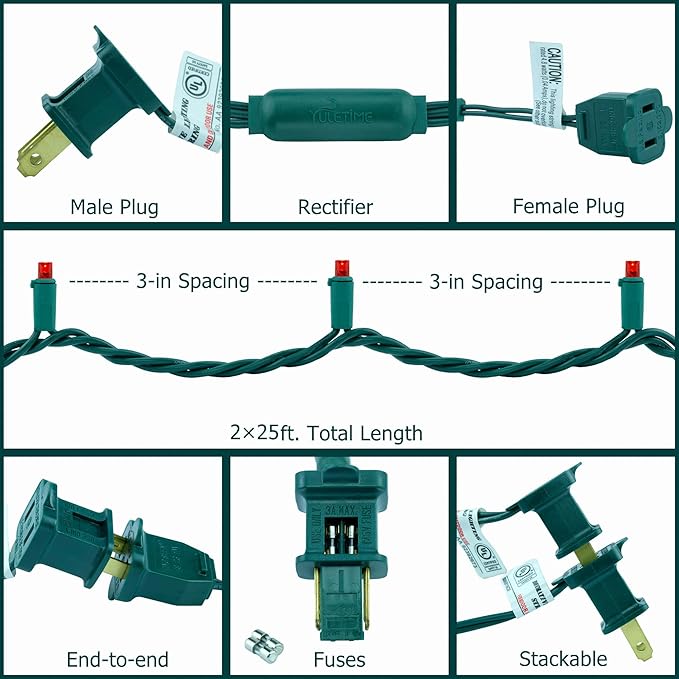 YULETIME Red Wide Angle LED Christmas Lights 200 Count 50 ft, Pack of 2 Strands 25 ft 100 Lights UL Certified String Light Set (Red)