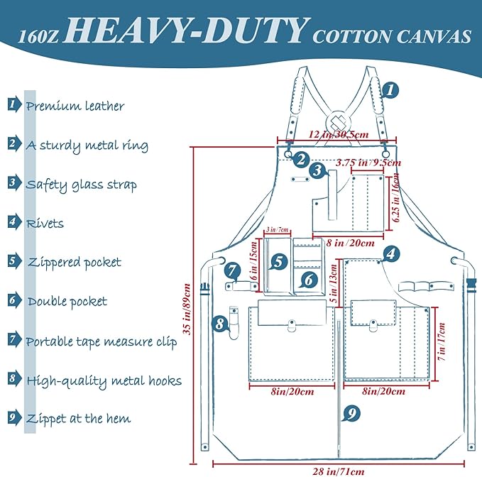 Woodworking Apron, Tool Apron, Canvas, Multiple Pockets, Adjustable Zipper, Metal Ring, Tape Measure Clip, Plus Size, Blue
