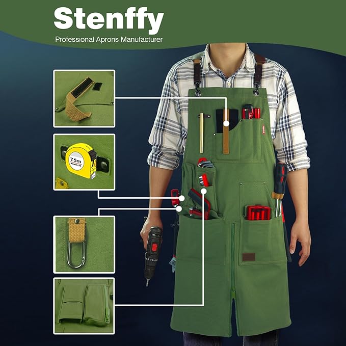 Woodworking Apron, Tool Apron, Canvas, Multiple Pockets, Adjustable Zipper, Metal Ring, Tape Measure Clip, Plus Size, Olive