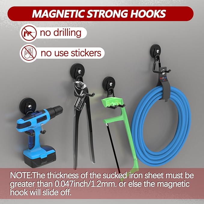 3-H Heavy Duty Magnet Garage Hooks 4 Pack, Large Strong Magnetic Hooks for Hanging Cordless Power Drill, Utility Magnetic Tool Holder for Metal Cabinet, Steel Pegboard, Toolbox, Garage(Black)