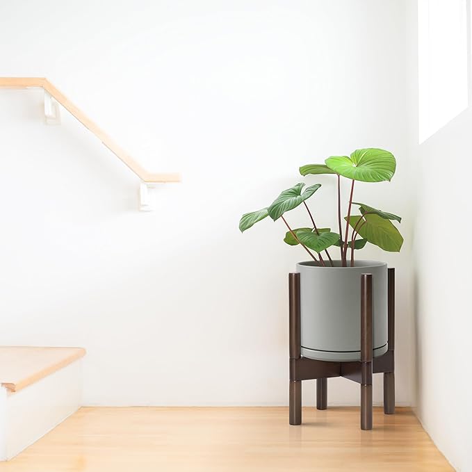 D'vine Dev Ceramic Planter with Walnut Color Stand - 8 Inch Modern Round Flower Pot with Wood Planter Holder, Grey, 55-B-Y-3