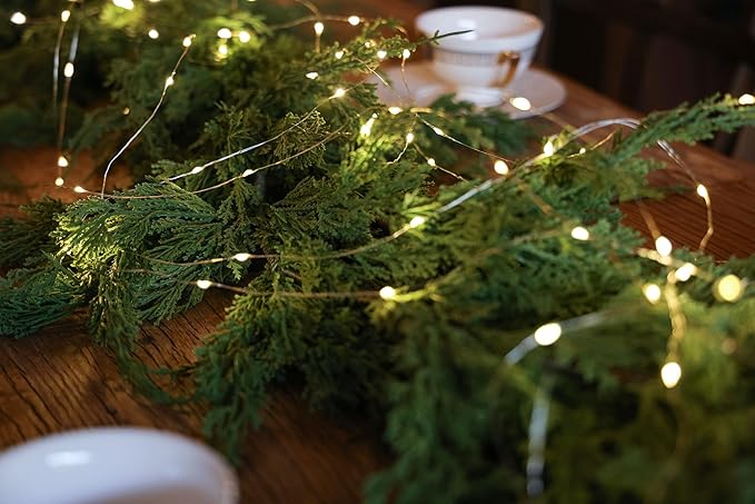 MISSPIN 9ft Christmas Garland with String Lights, Real Touch Cedar Pine Garland, Green Artificial Greenery Garland for Table, Mantle, Wall, Indoor, Outdoor Christmas Decorations