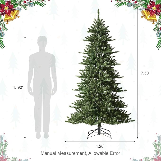 Glitzhome 7.5ft Pre-Lit Christmas Tree, Artificial Holiday Christmas Tree Emerald Elegance Slim Green Fir with 400 LED Lights, 9 Functional Warm White/Multi-Color, Remote Controller