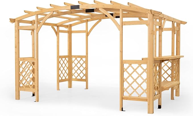 10' x 14' Wood Pergola Outdoor, Patio Pergola Solid Structure with Shelves, Painted Wood Frame with Arched Top for Garden Porch Deck,Brown