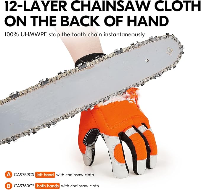 Vgo... Chainsaw Gloves,12-Layer Saw Protection on Left/Both Hand Back,Cow Leather Gloves,Touchscreen