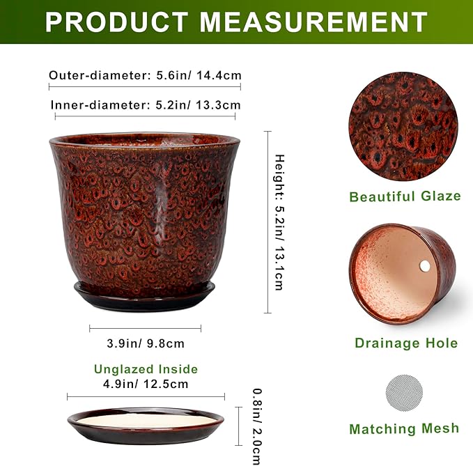 Ceramic Plant Pots - 5.6 Inch Plant Pot Indoor Outdoor, Small Planter with Drainage Hole and Saucer, Round Planter, Orchid Succulent Pots, Garden Room Decor, Gardening Gifts for Women, Red