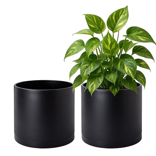 D'vine Dev 2 Pack 8 Inch Modern Plastic Plant Pots, Small Garden Planters for Plant with Drainage Holes and Saucers, Black Color, 74-Y-M-1
