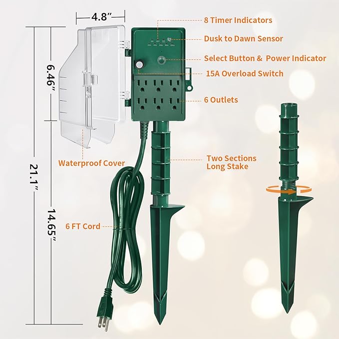 SURAIELEC Outdoor Power Stake Light Timer, Dusk to Dawn, 6 Electrical Outlet Power Strip Weatherproof, 6FT Extension Cord for Patio Lights, Sprinkler, Garden, Christmas Decorations, ETL Listed
