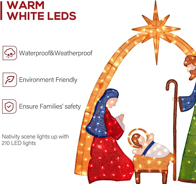 Hykolity 6FT 2.5D Nativity Scene Lighted Outdoor Christmas Decoration, 210 Warm White LEDs with Outdoor Transformer, Stained-Glass Fabric Figures & 5ft Pull Cord, Yard Decor
