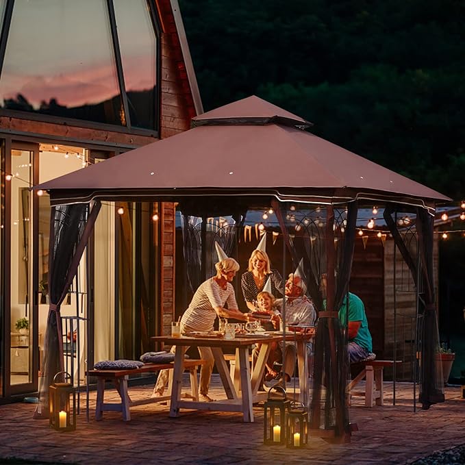 ECOTOUGE Outdoor Gazebo 10'x10', Heavy Duty Canopy Tent with Soft Double Roofs & Metal Corner Frame Shelves, Party Tent Shelter with Mosquito Netting for Patio, Deck, Backyard, Brown