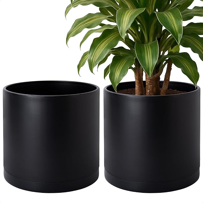 D'vine Dev 2 Pack 14 Inch Modern Plastic Plant Pots, Small Garden Planters for Plant with Drainage Holes and Saucers, Black Color, 74-Y-Q-1