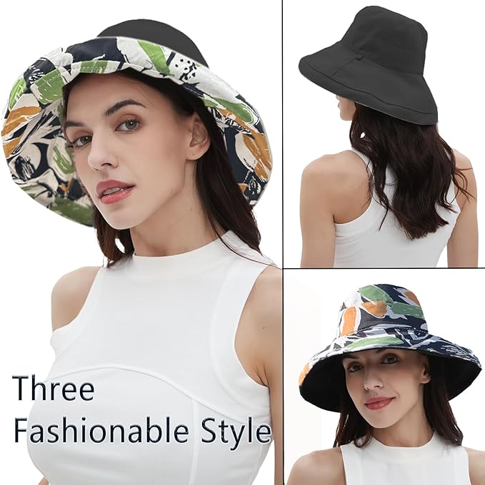 vidsel Womens Sun Hats Wide Brim Reversible Bucket Cotton Hat Packable Summer Travel Cap with Hat Clip,UV Protection