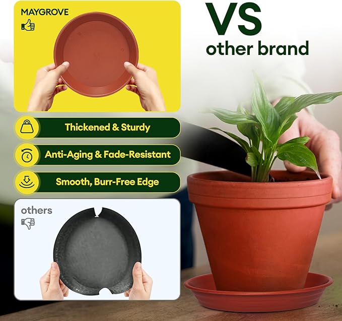 6 Pack Plant Saucer, 8 10 12 inch Plant Saucers for Indoor, Heavy Duty Plastic Plant Trays for pots, Grow Bags, Bird Baths, Flower Drip Trays for Indoor and Outdoor Uses (12", Brown)