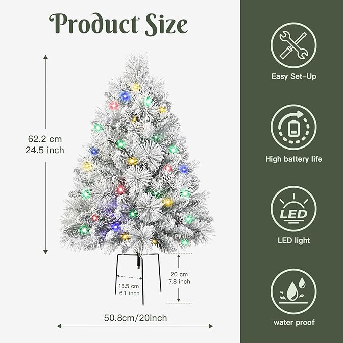 Set of 2 24.5 Inch Lighted Flocked Outdoor Christmas Tree with Multi-Color Lights, Timer, Battery Operated Pre-lit Scotch Pine Pathway Urn Filler with Pine Cones for Pathway & Porch& Yard Decorations