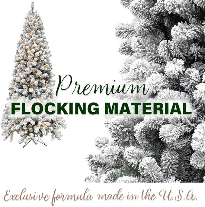 Fraser Hill Farm Alaskan Flocked Christmas Tree, 9 Feet Tall, Faux Tree with White Incandescent Smart Lights, Lights with Easy to Connect and Set up Features, Modern Holiday Décor